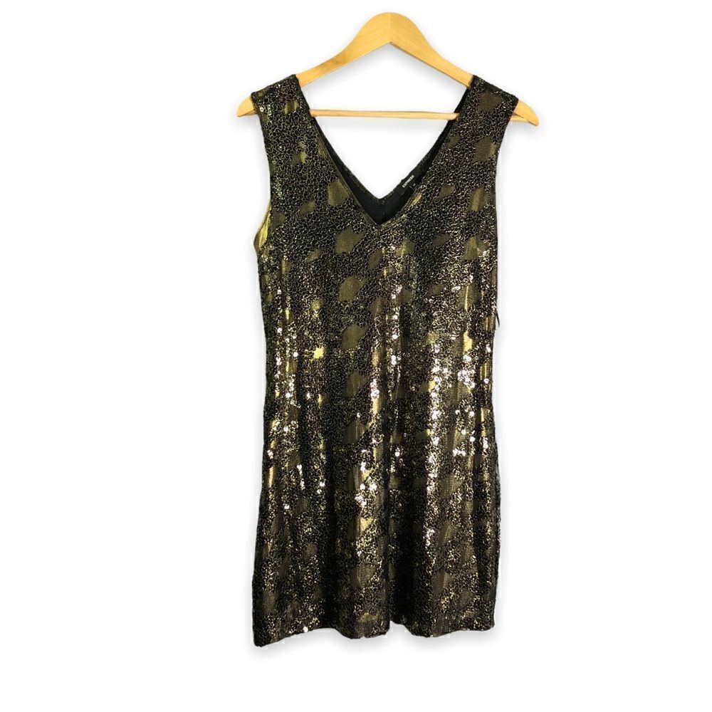 Express Fully Sequined Mini Dress Black and Gold V Neck